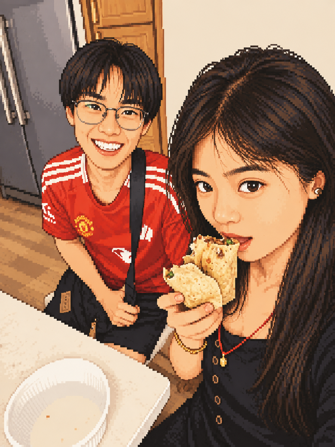 两人的合照像素插画：红色球衣、灿烂笑容和手里的卷饼